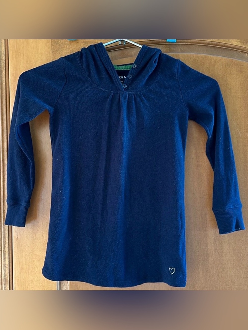 GapKids Girls Waffle Thermal Long Sleeve Hoodie Navy Blue Rhinestone Heart Sz S